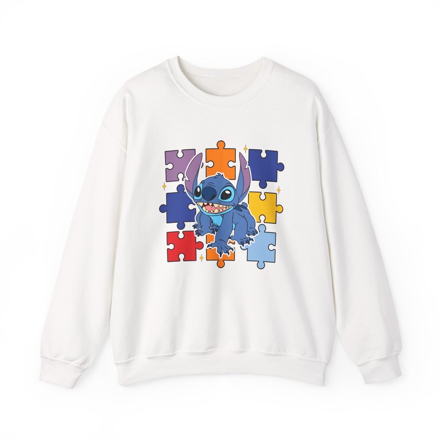 Stitch Puzzle Crewneck Sweatshirt — Cute Blue Alien on Colorful Jigsaw Design