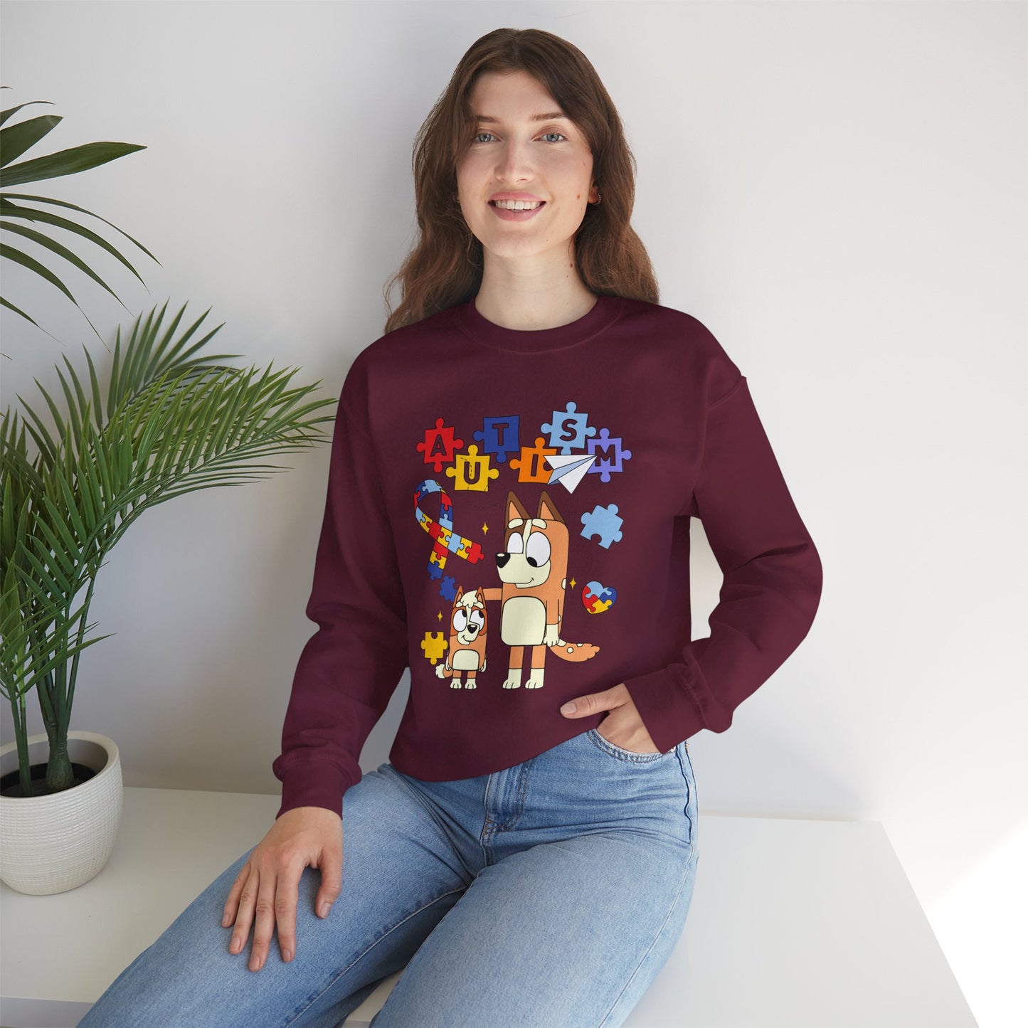 Autism Awareness Crewneck Sweatshirt — Puzzle Ribbon & Cartoon Dogs