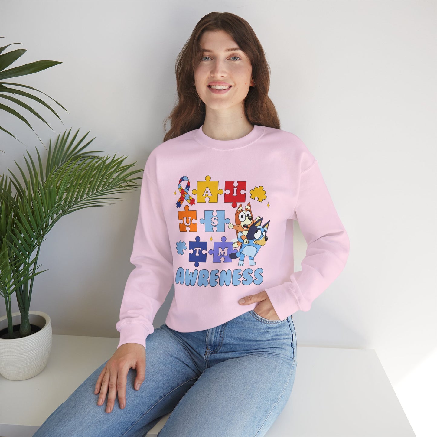 Autism Awareness Crewneck Sweatshirt — Puzzle Ribbon Support Design