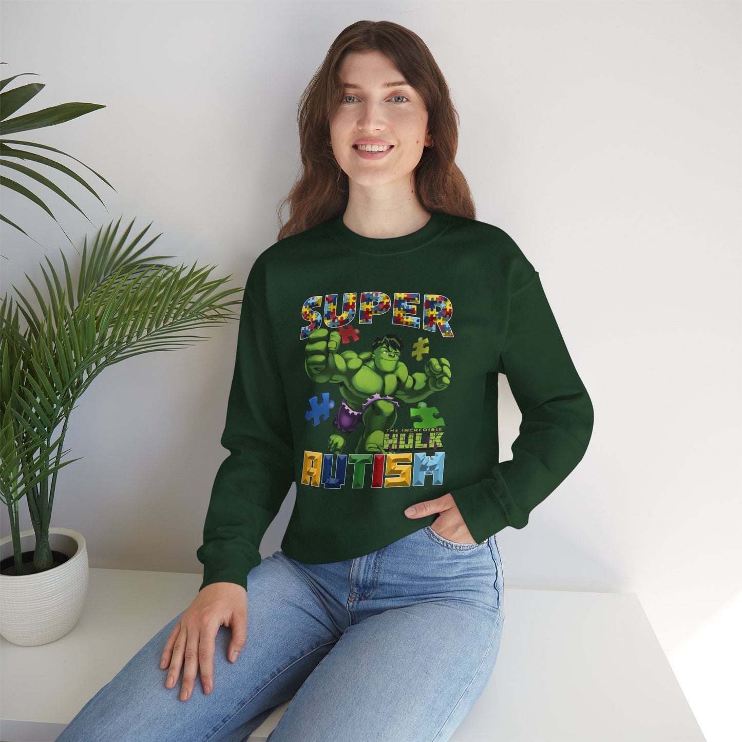 Autism Superhero Sweatshirt — "Super Autism" Puzzle-Print Crewneck