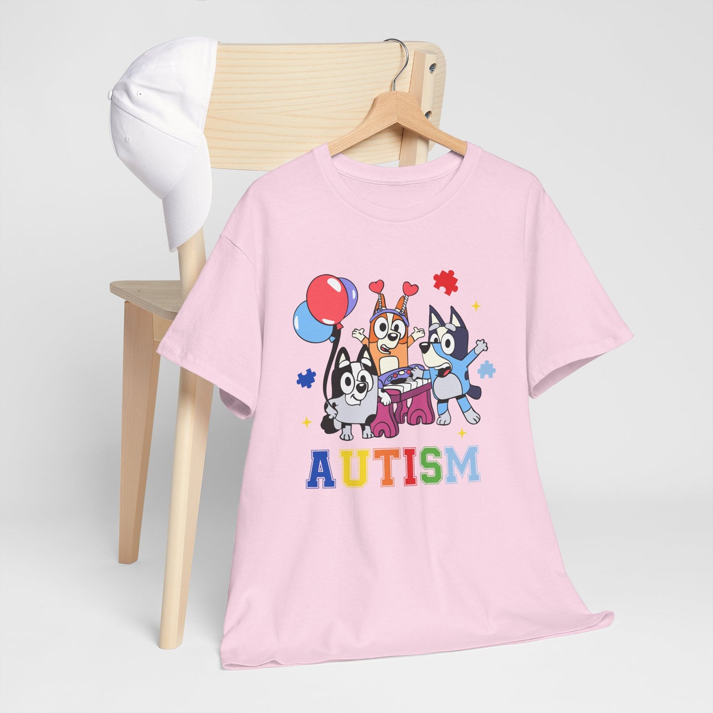 Autism Awareness Kids Tee — Colorful Cartoon Characters with 'AUTISM' Text