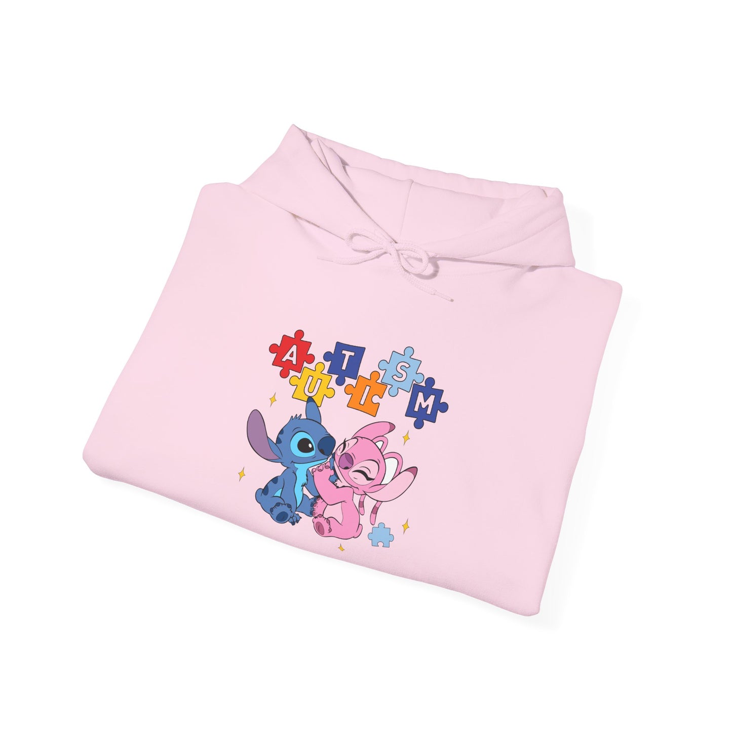 Cute Alien Pals Hoodie — Pink & Blue Cartoon Stitch-Style Characters with Puzzle Heart