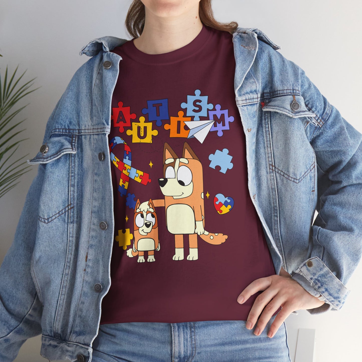 Autism Awareness Puzzle Ribbon Tee — Cute Red Dog Family Design