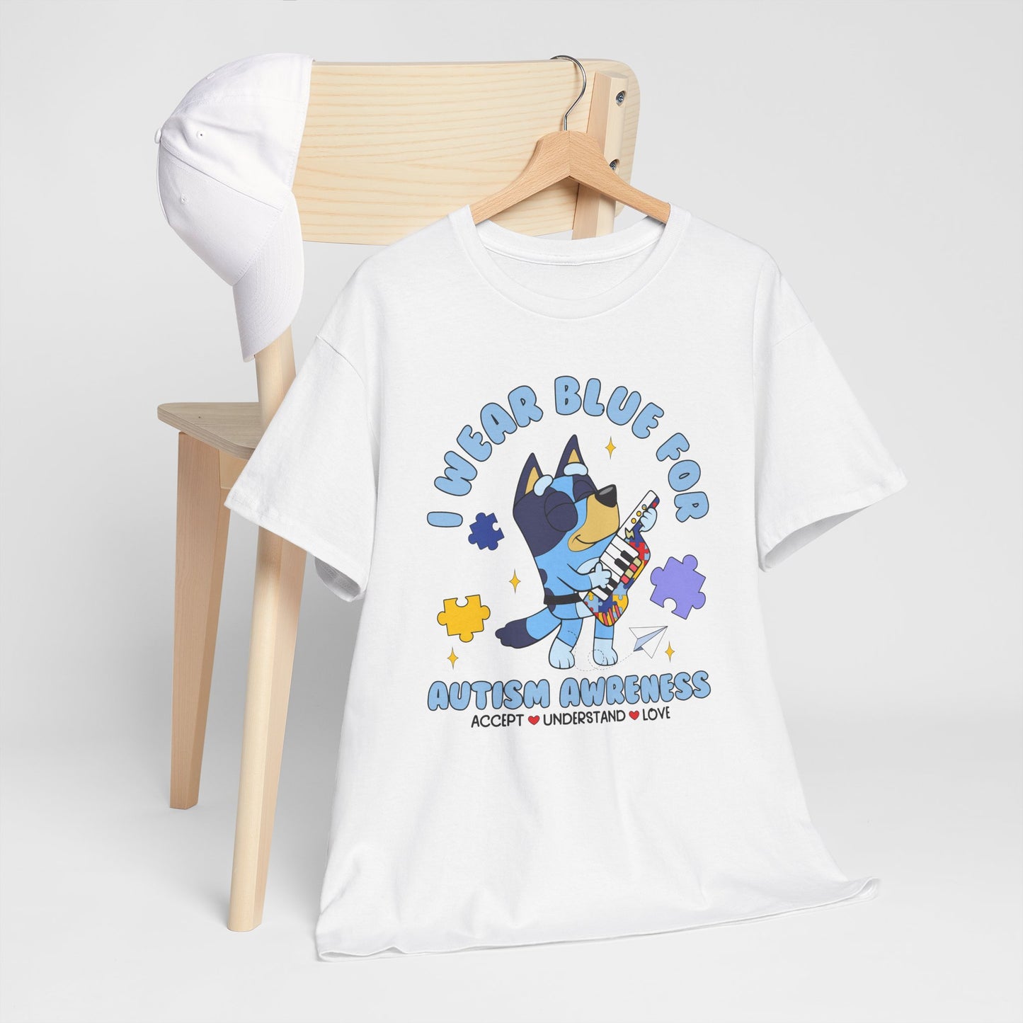 Autism Awareness T-Shirt — "I Wear Blue For" Cute Cat Puzzle Design