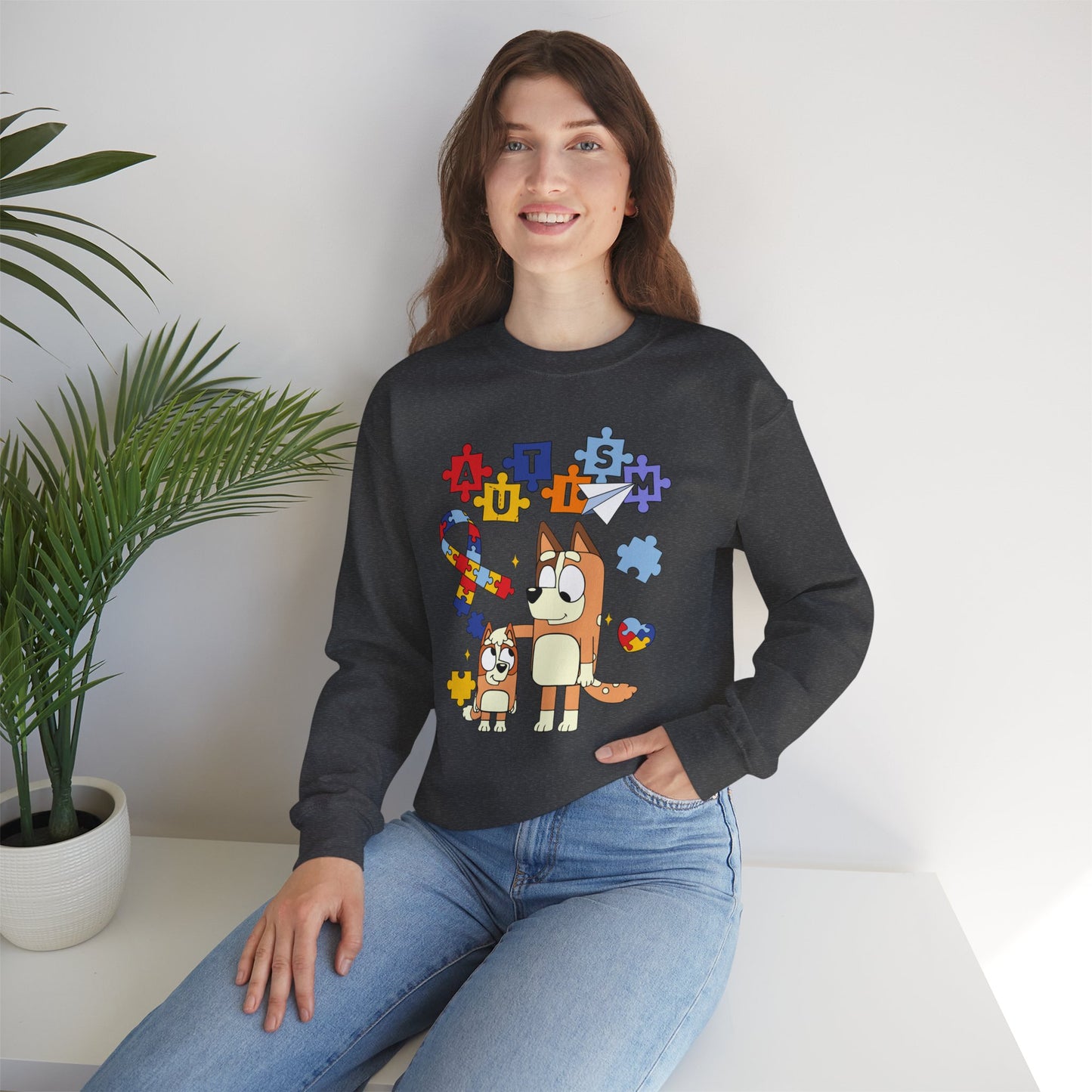Autism Awareness Crewneck Sweatshirt — Puzzle Ribbon & Cartoon Dogs