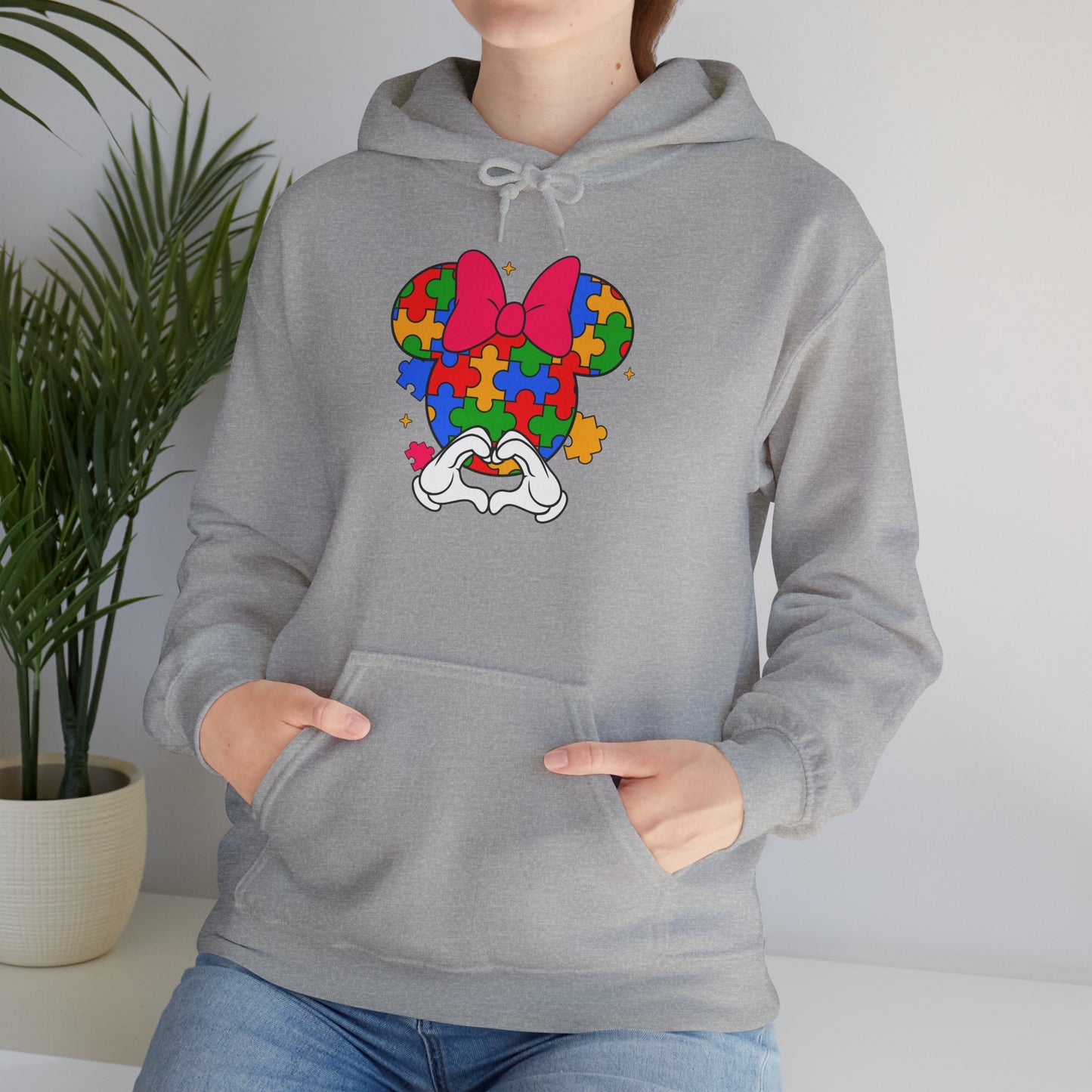 Autism Awareness Puzzle Minnie Hoodie – Colorful Puzzle-Heart Minnie Mouse Design