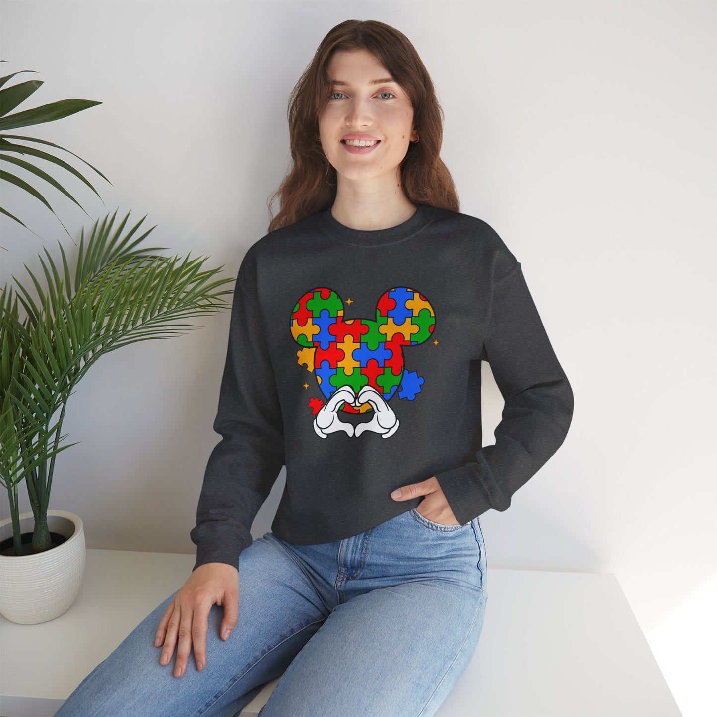 Autism Puzzle Mouse Crewneck Sweatshirt – Colorful Heart Hands Design