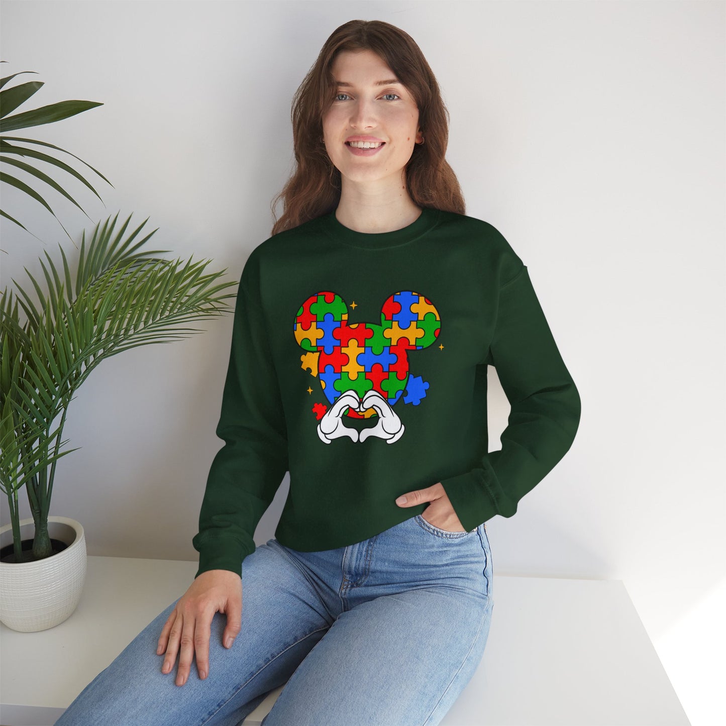 Autism Puzzle Mouse Crewneck Sweatshirt – Colorful Heart Hands Design