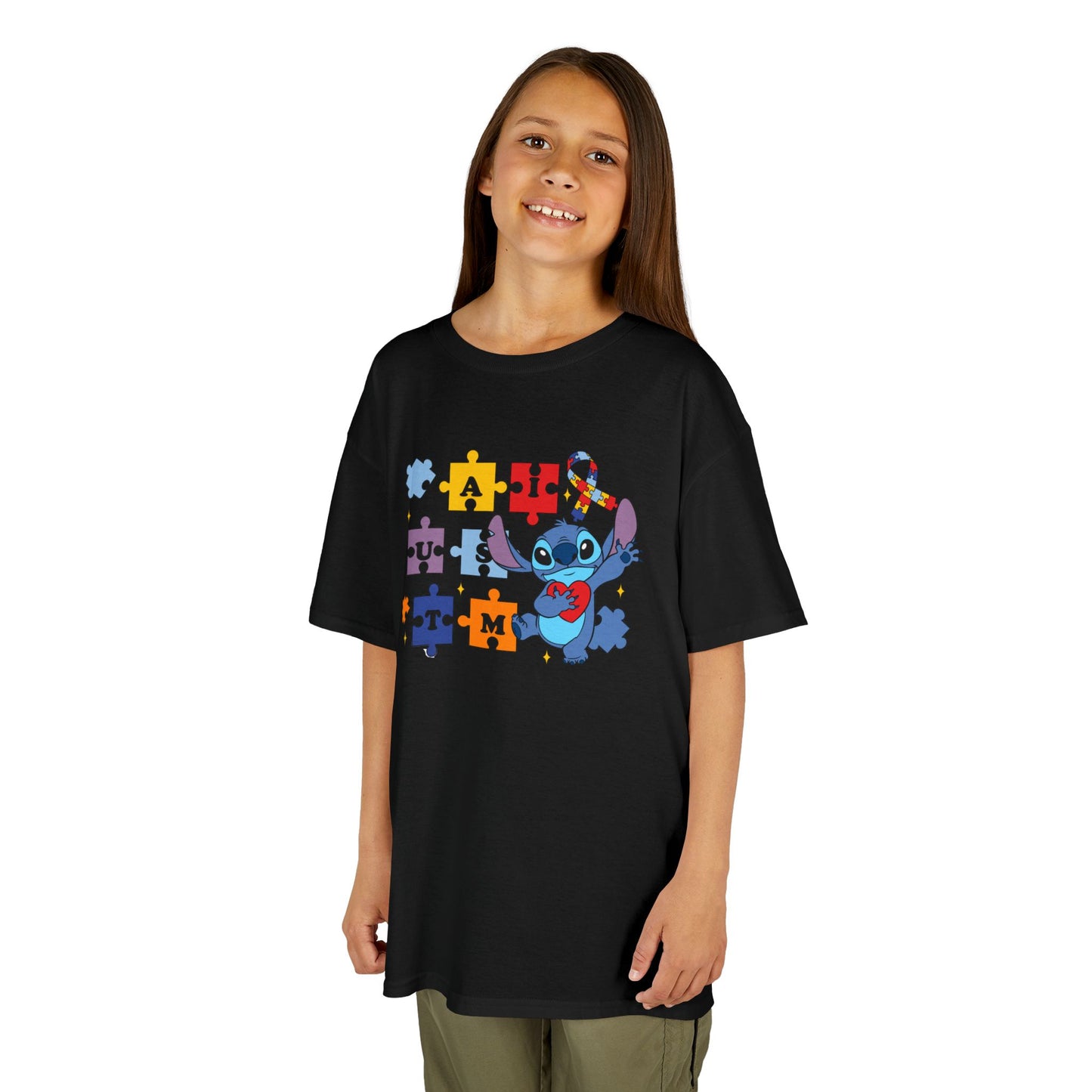 Autism Puzzle Ribbon Kids Tee — Cute Stitch Awareness T-Shirt