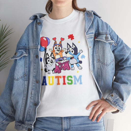 Autism Awareness Kids Tee — Colorful Cartoon Characters with 'AUTISM' Text