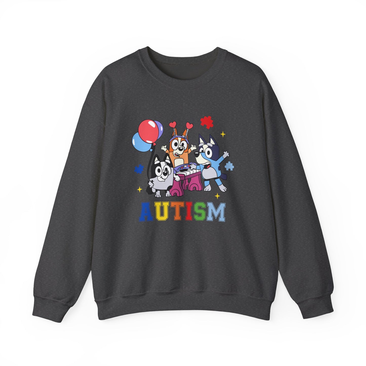 Autism Support Crewneck Sweatshirt — Colorful Bluey-Style Characters & 'AUTISM' Design