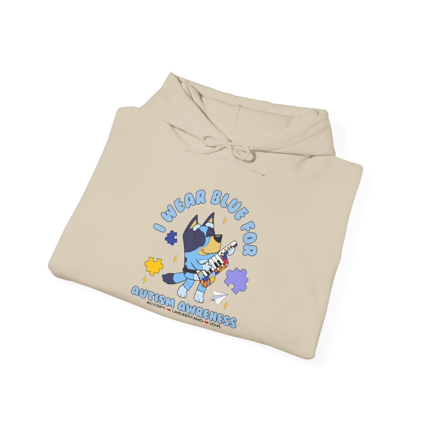 Hoodie — Cute Blue Dog “I Wear Blue for Autism” Graphic Hoodie (Cozy Pet Lover Gift)