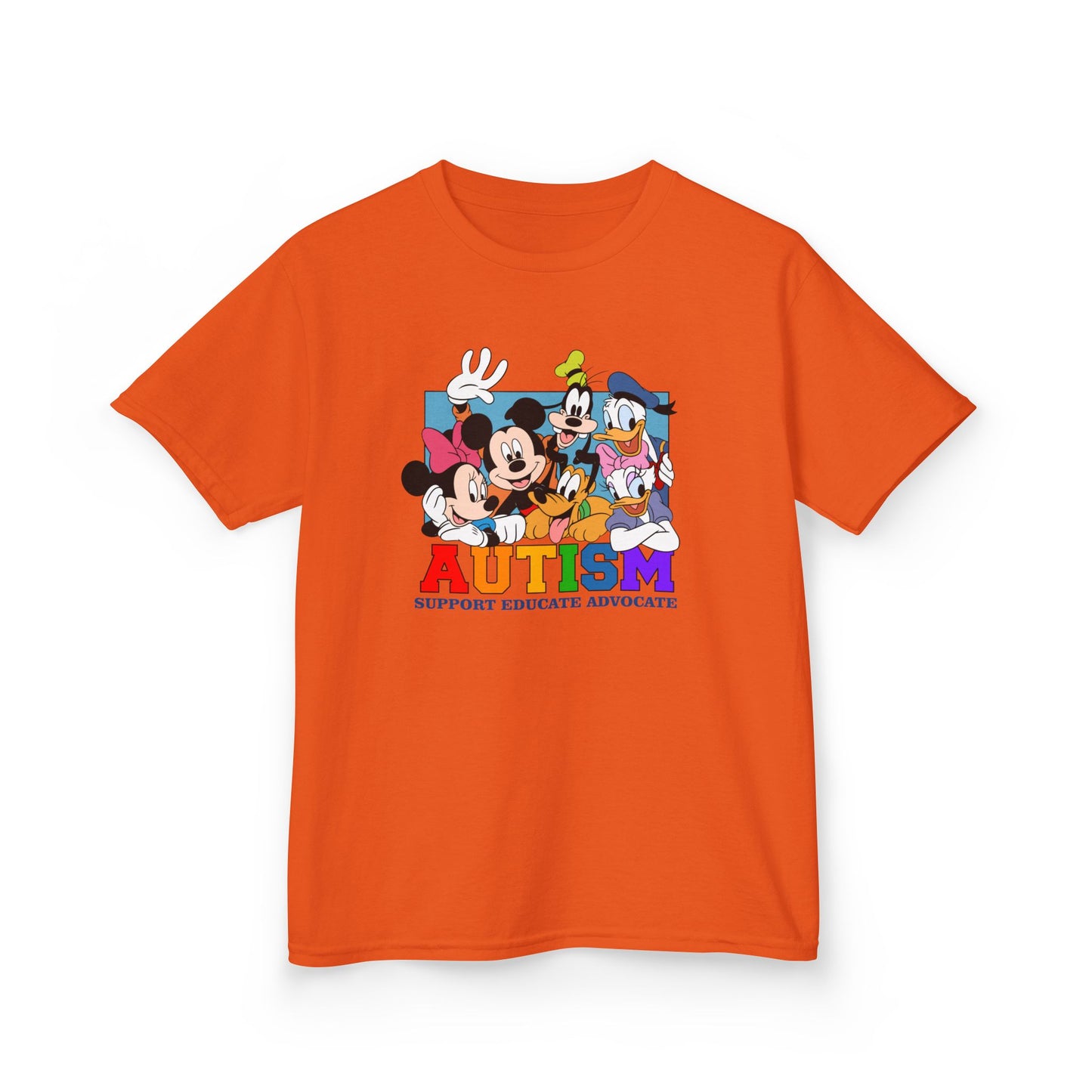 Kids Autism Awareness T-Shirt — Support, Educate, Advocate (Rainbow Letters)