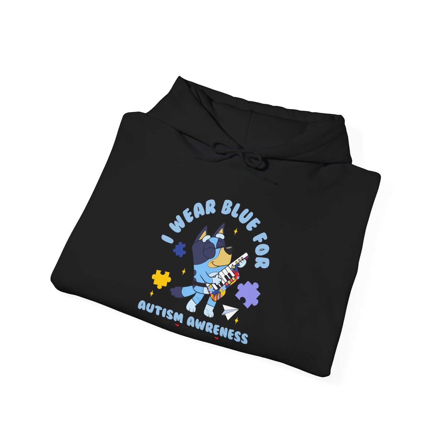 Hoodie — Cute Blue Dog “I Wear Blue for Autism” Graphic Hoodie (Cozy Pet Lover Gift)