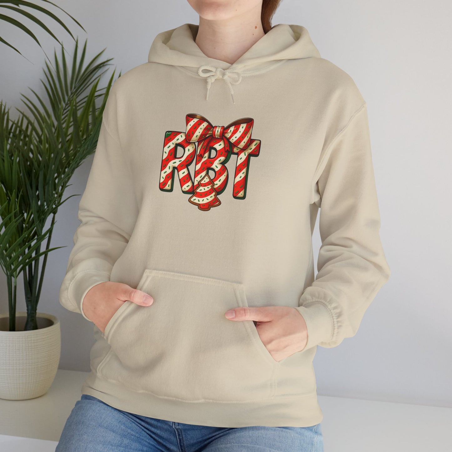 Lil Debbie 'RBT' Tree Cake Holiday Graphic Hoodie — Festive Red Striped Bow Holiday Sweatshirt