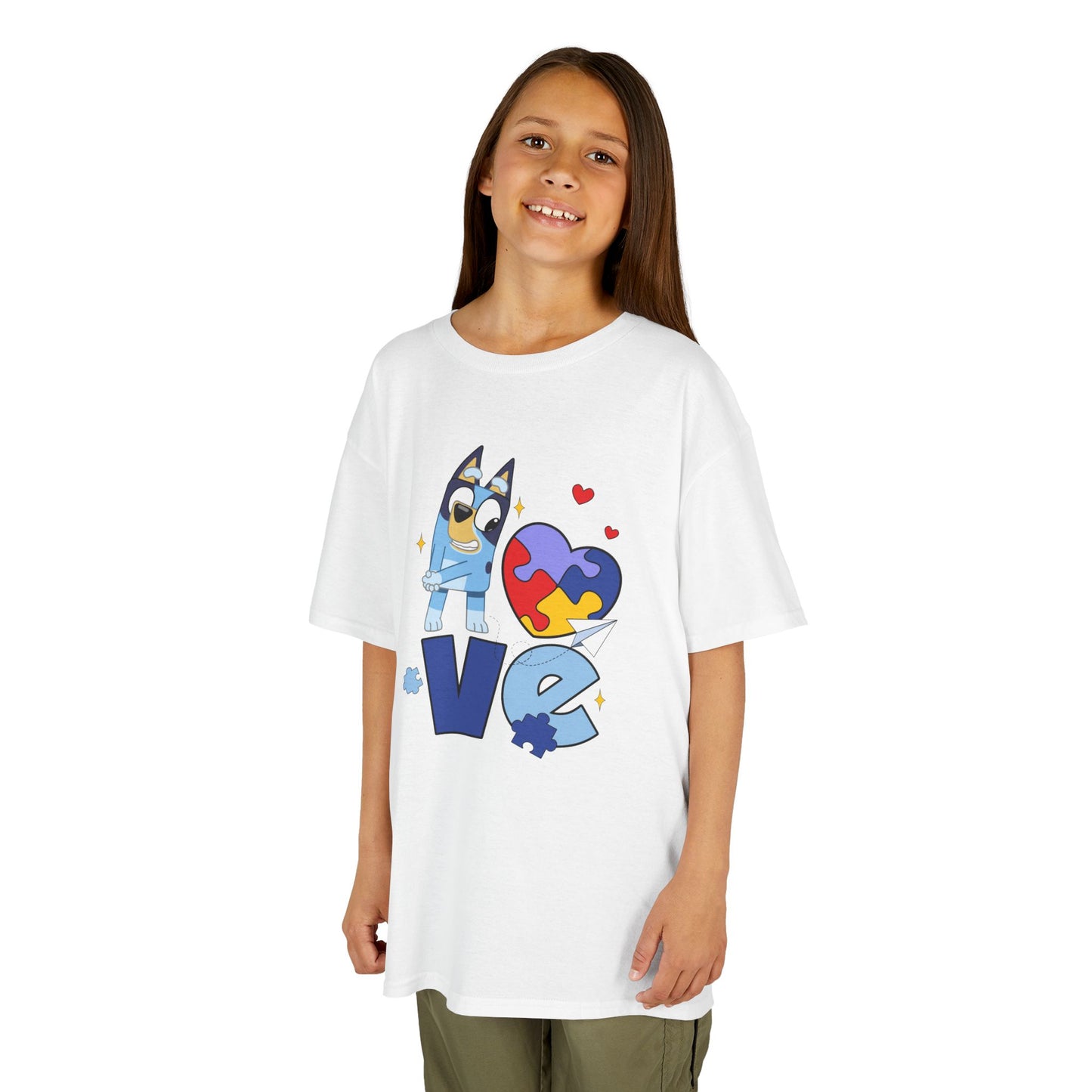 Kids Tee — 'LOVE' Puzzle Heart & Cartoon Character Autism Awareness Shirt