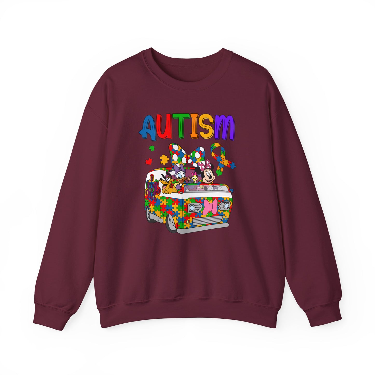 Autism Awareness Crewneck Sweatshirt — Colorful Puzzle Van Design