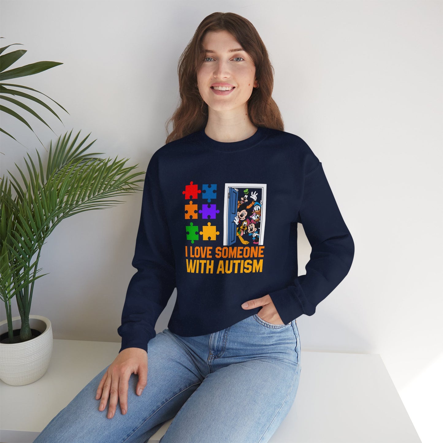 Autism Awareness Crewneck Sweatshirt — "I Love Someone With Autism" Puzzle Heart Design