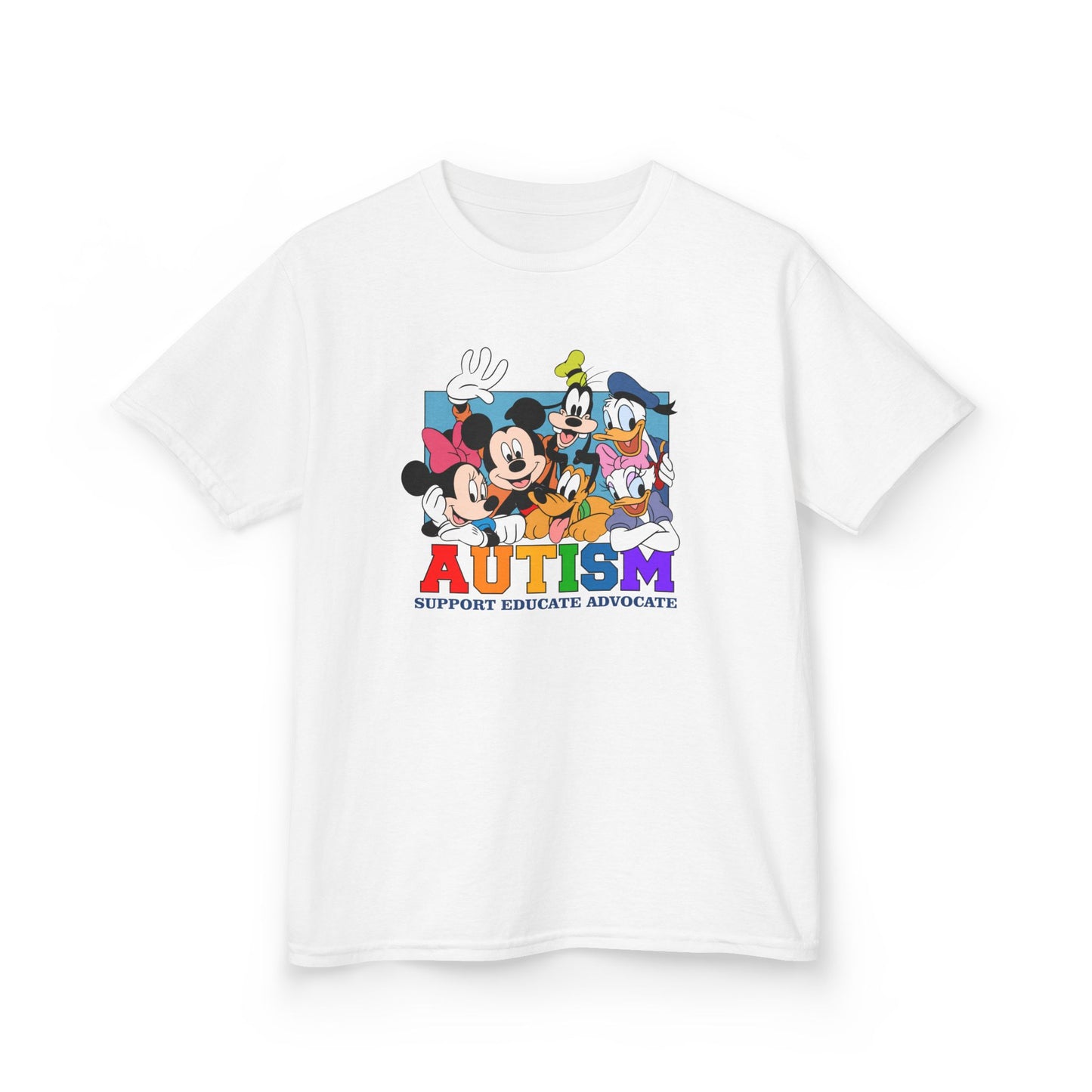 Kids Autism Awareness T-Shirt — Support, Educate, Advocate (Rainbow Letters)