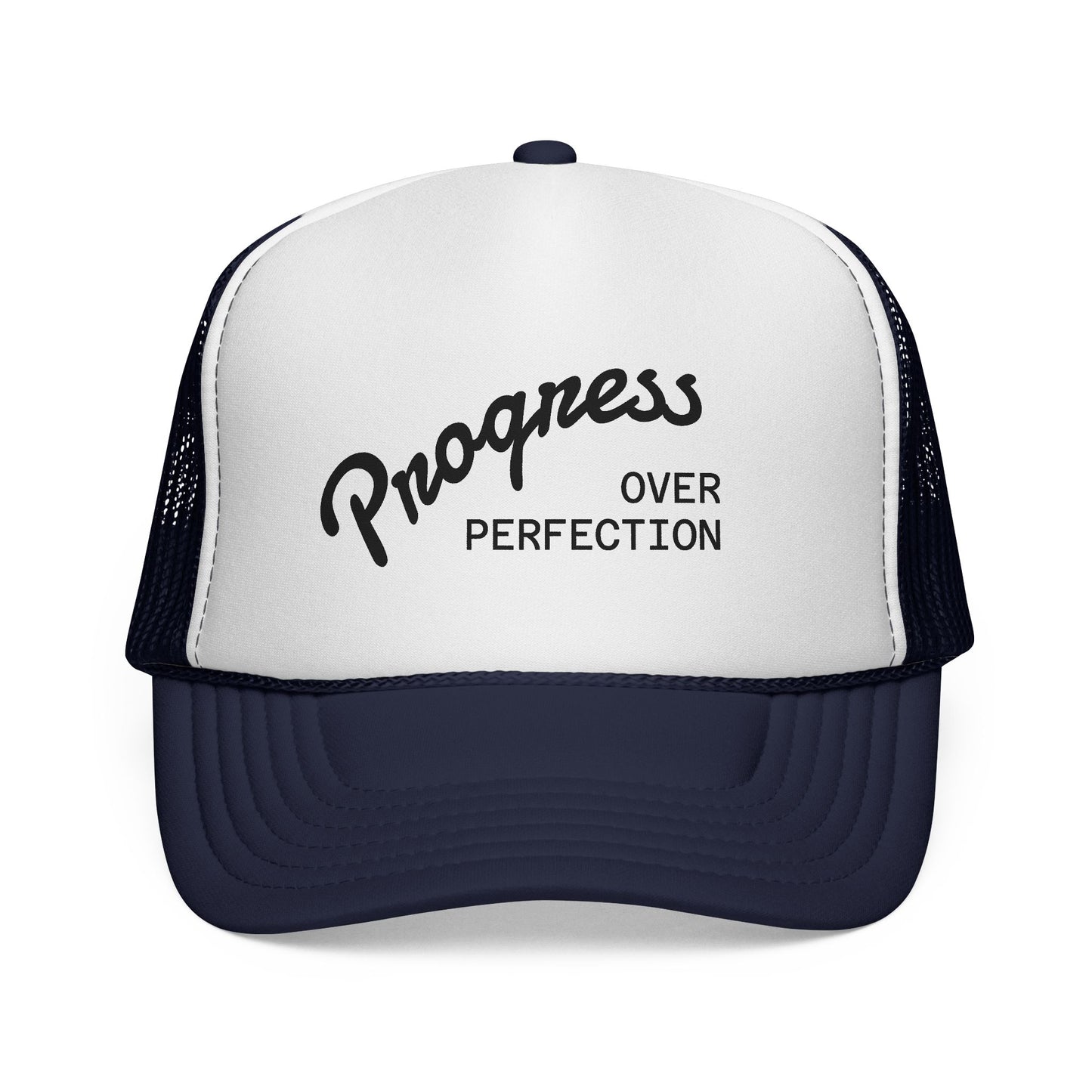 Progress Over Perfection Trucker Cap — Motivational Mesh Baseball Hat