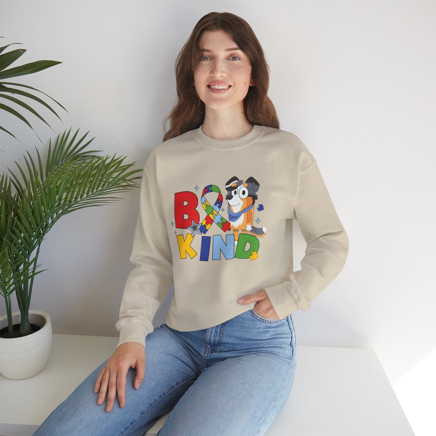 Be Kind Crewneck Sweatshirt — Autism Awareness Puzzle Ribbon Dog Design