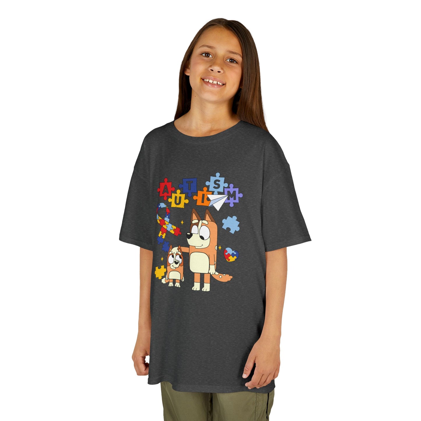 Kids Autism Awareness T-Shirt — Colorful Puzzle Heart & Cartoon Dog Design