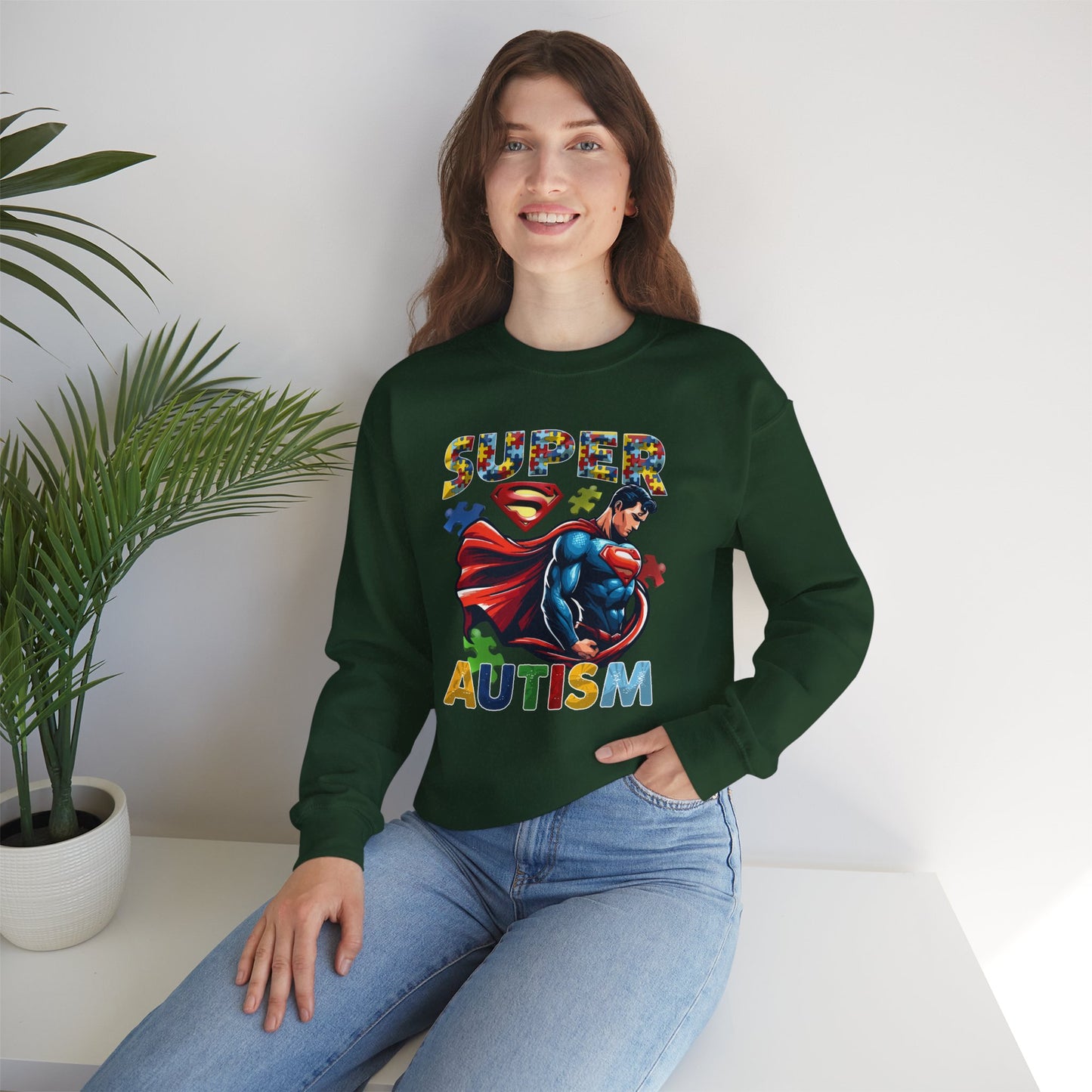 Autism Awareness Crewneck Sweatshirt – "Super Autism" Puzzle-Print Superhero Design