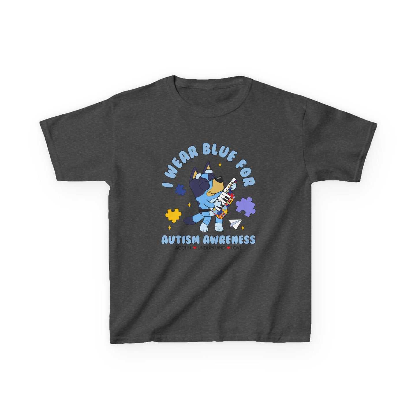 Kids Tee — 'I Wear Blue for Autism Awareness' Cute Puzzle-Heart Design