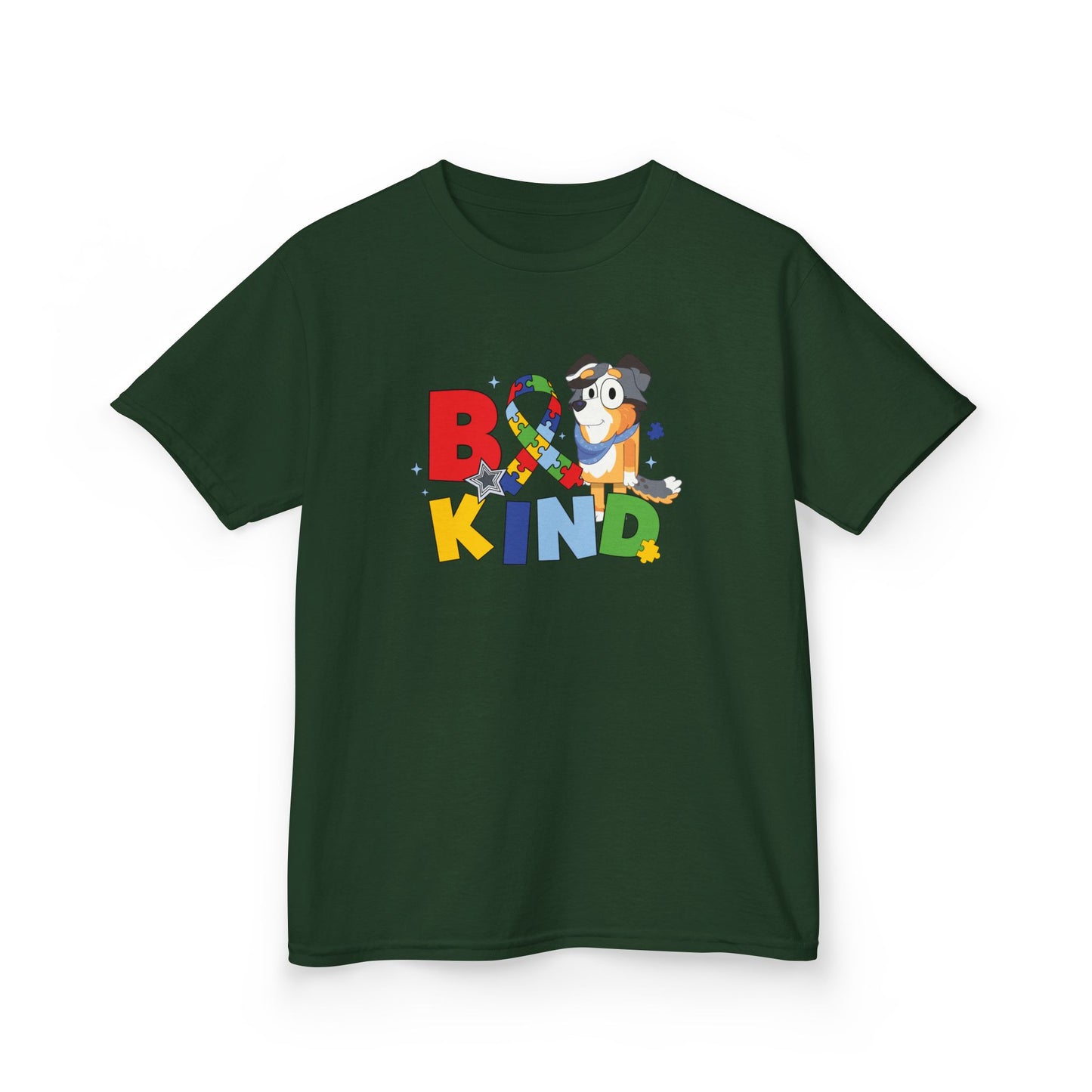 Kids Tee — "Be Kind" Colorful Autism Awareness Ribbon Design