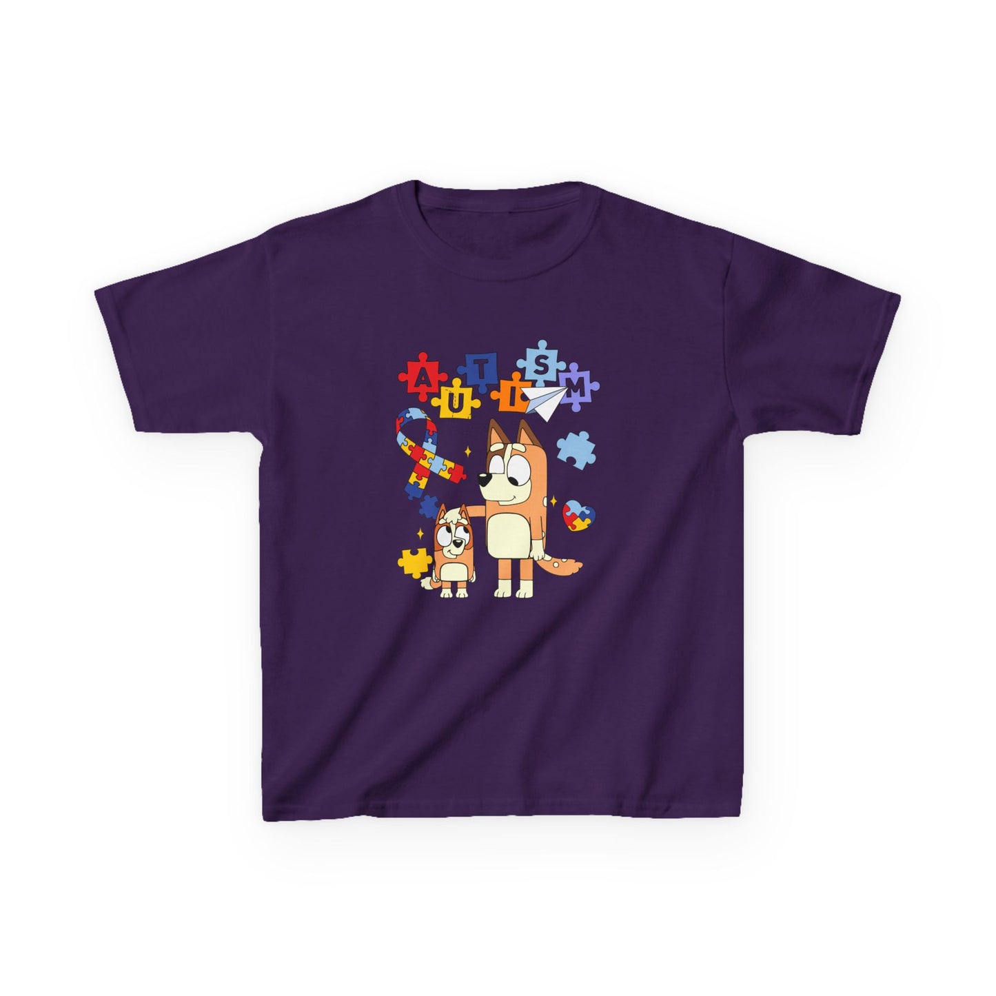 Kids Autism Awareness T-Shirt — Colorful Puzzle Heart & Cartoon Dog Design