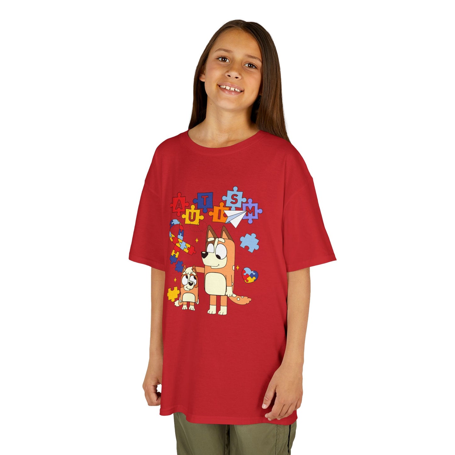 Kids Autism Awareness T-Shirt — Colorful Puzzle Heart & Cartoon Dog Design