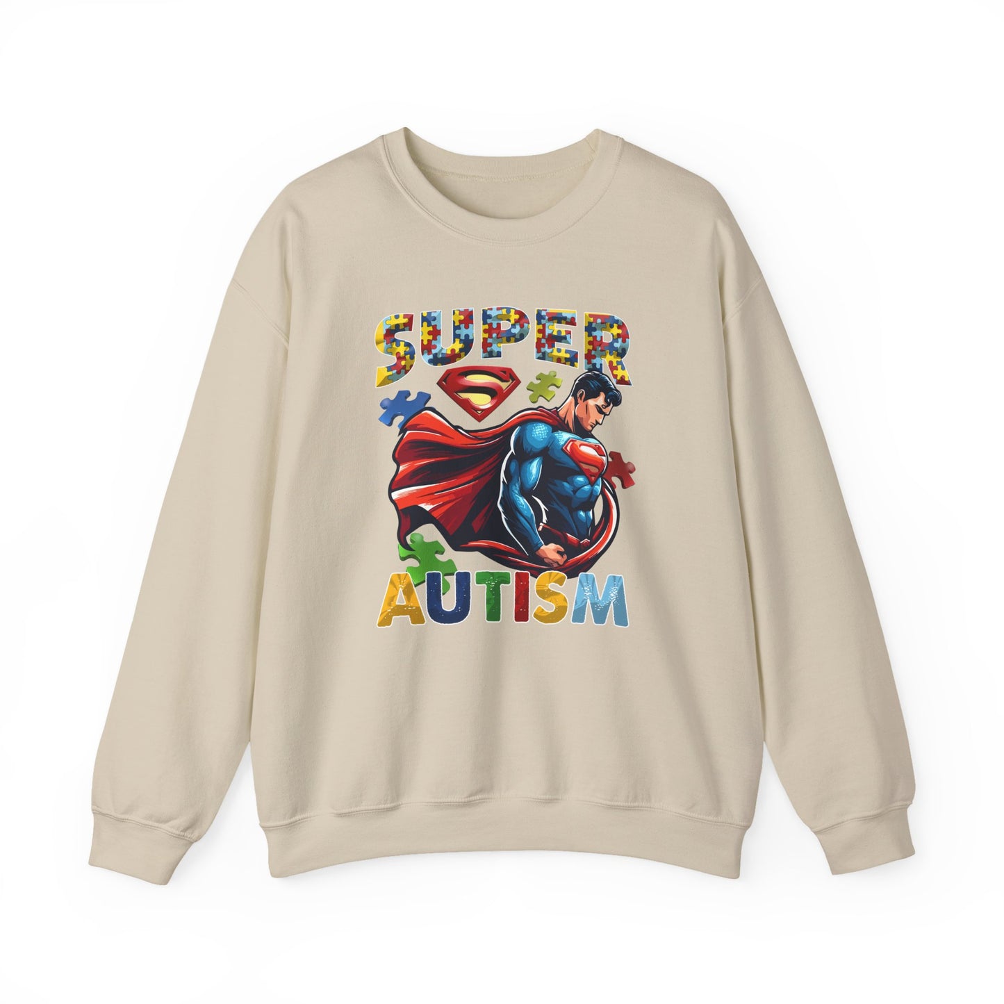 Autism Awareness Crewneck Sweatshirt – "Super Autism" Puzzle-Print Superhero Design