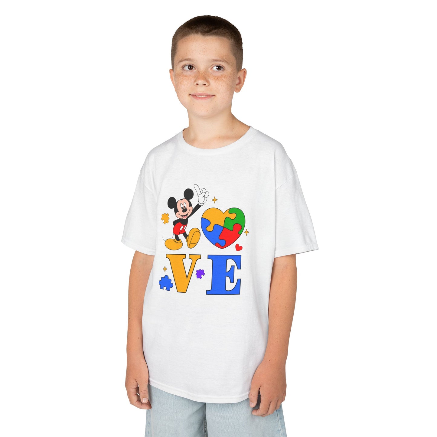 Kids Autism Awareness LOVE T‑Shirt — Puzzle Heart & Cartoon Character Design