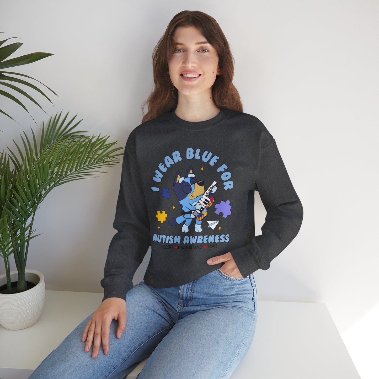 Autism Awareness Crewneck — "I Wear Blue for Autism Awareness" Sweatshirt