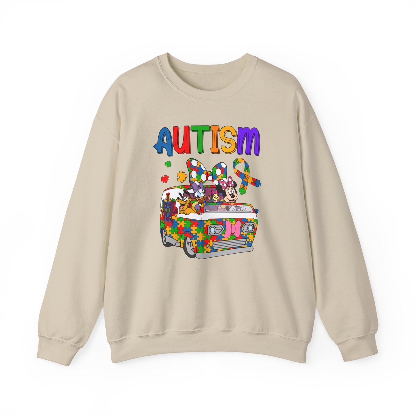 Autism Awareness Crewneck Sweatshirt — Colorful Puzzle Van Design