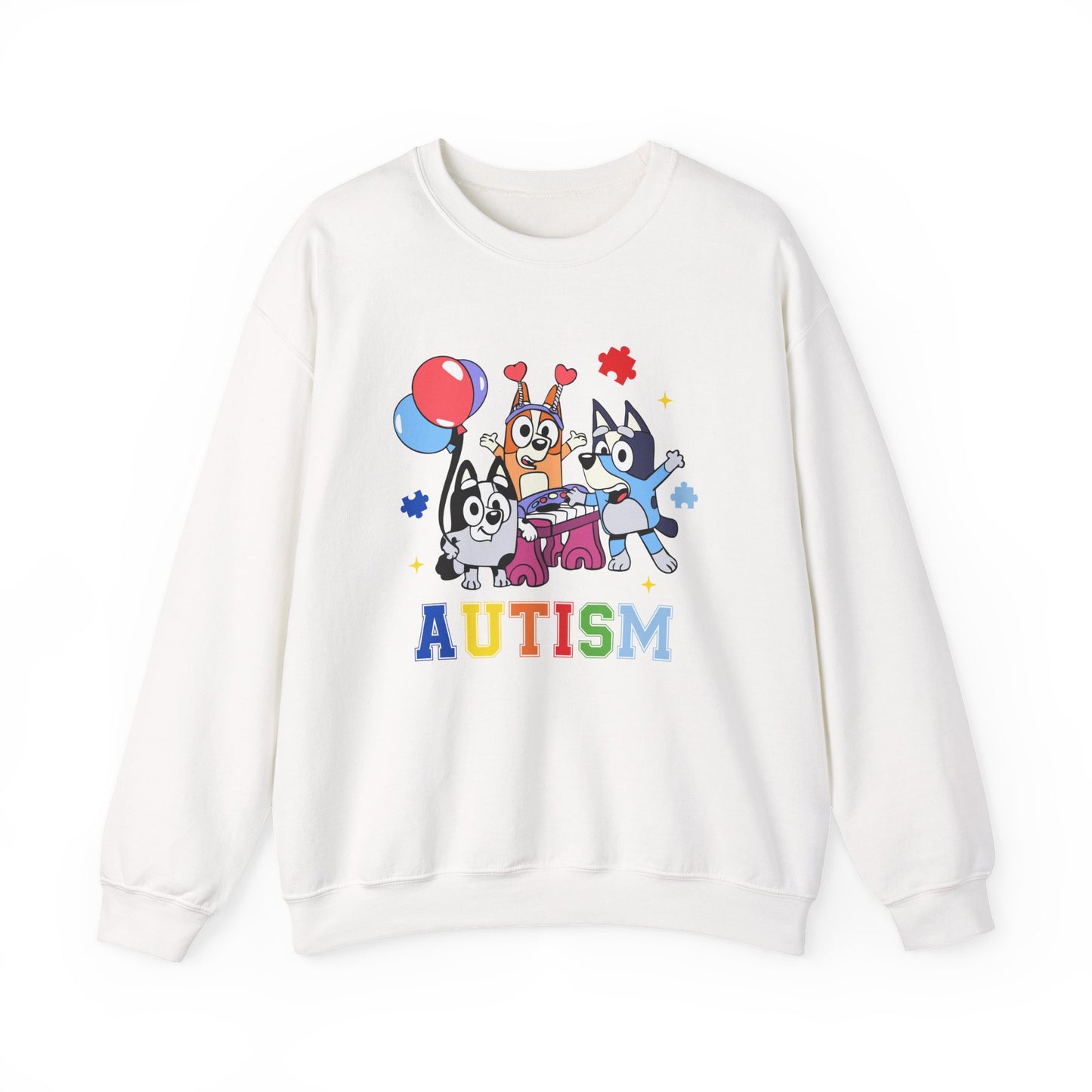 Autism Support Crewneck Sweatshirt — Colorful Bluey-Style Characters & 'AUTISM' Design