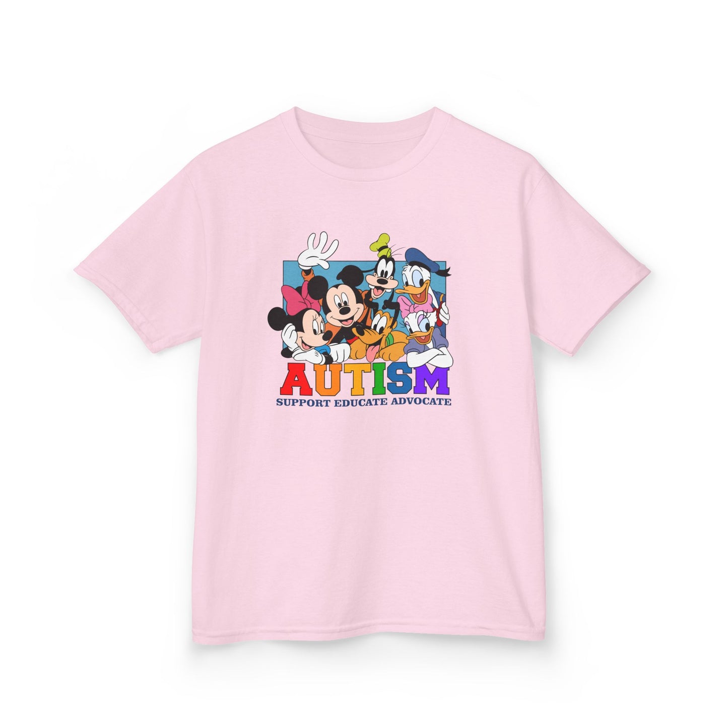 Kids Autism Awareness T-Shirt — Support, Educate, Advocate (Rainbow Letters)