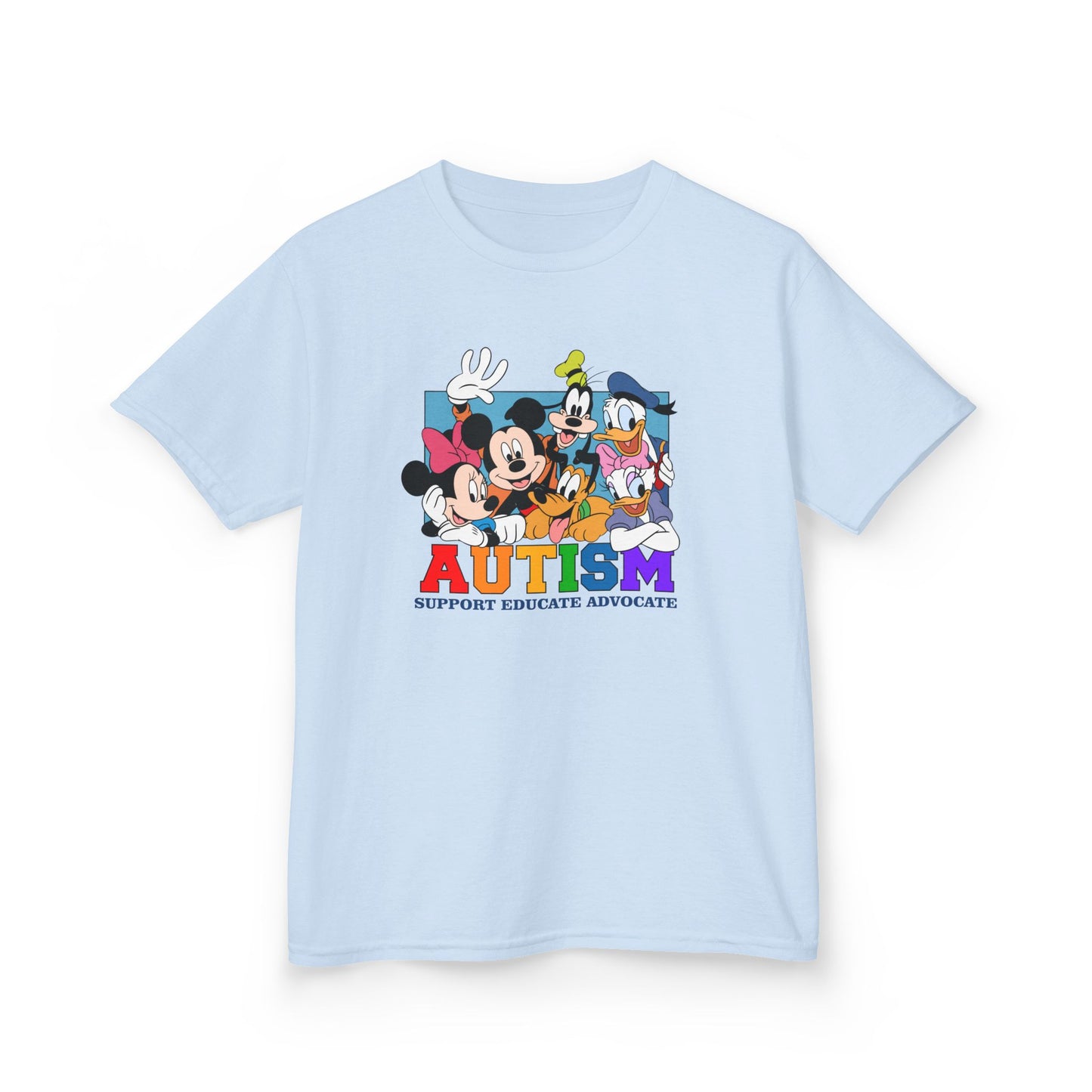 Kids Autism Awareness T-Shirt — Support, Educate, Advocate (Rainbow Letters)
