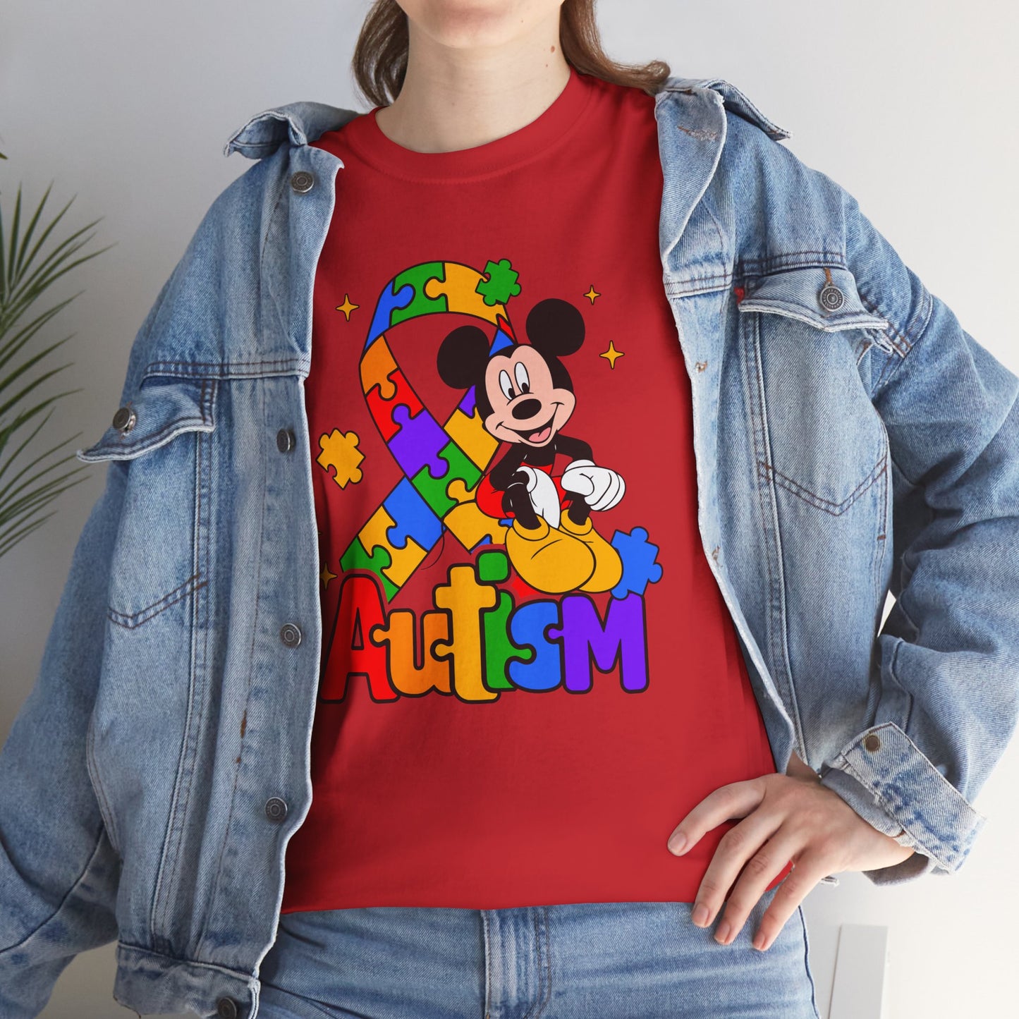 Autism Awareness Tee — Colorful Puzzle Ribbon & Cartoon Mouse Design