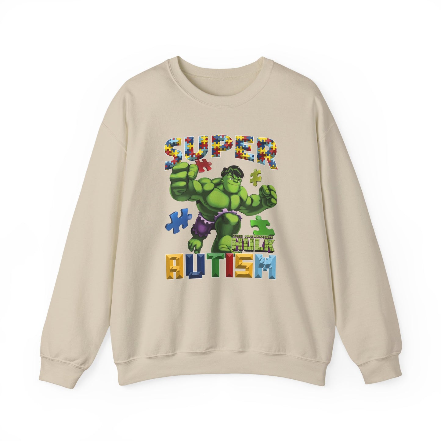 Autism Superhero Sweatshirt — "Super Autism" Puzzle-Print Crewneck