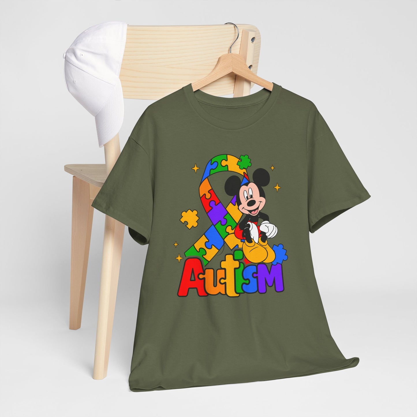Autism Awareness Tee — Colorful Puzzle Ribbon & Cartoon Mouse Design