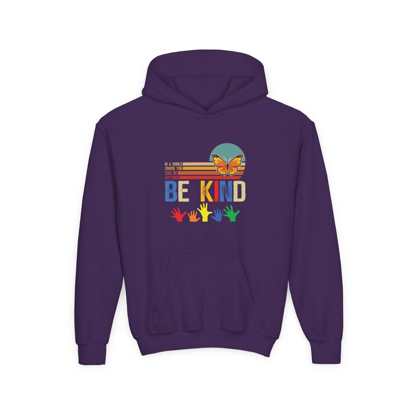 Be Kind Youth Hoodie - Colorful Butterfly & Handprint Design
