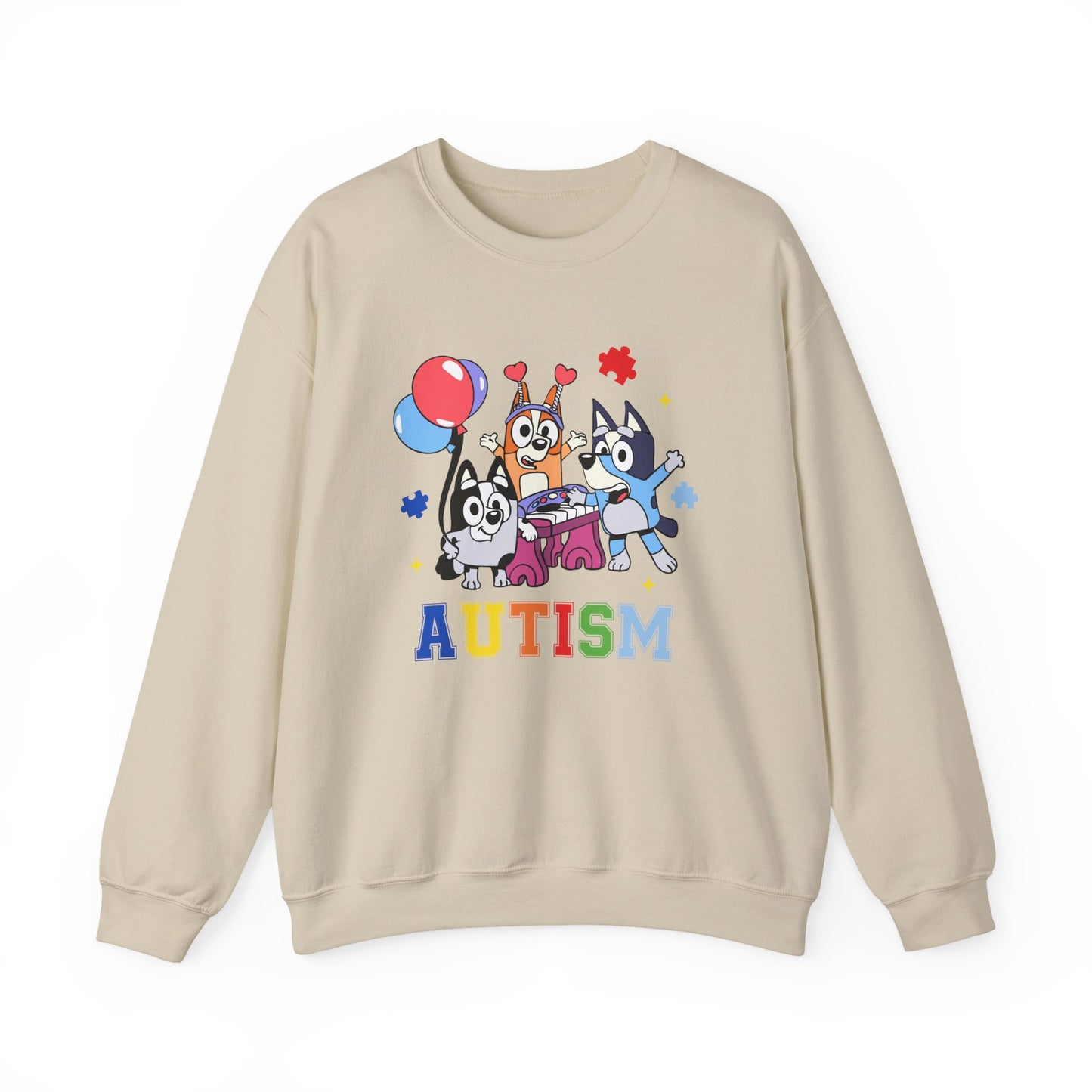 Autism Support Crewneck Sweatshirt — Colorful Bluey-Style Characters & 'AUTISM' Design