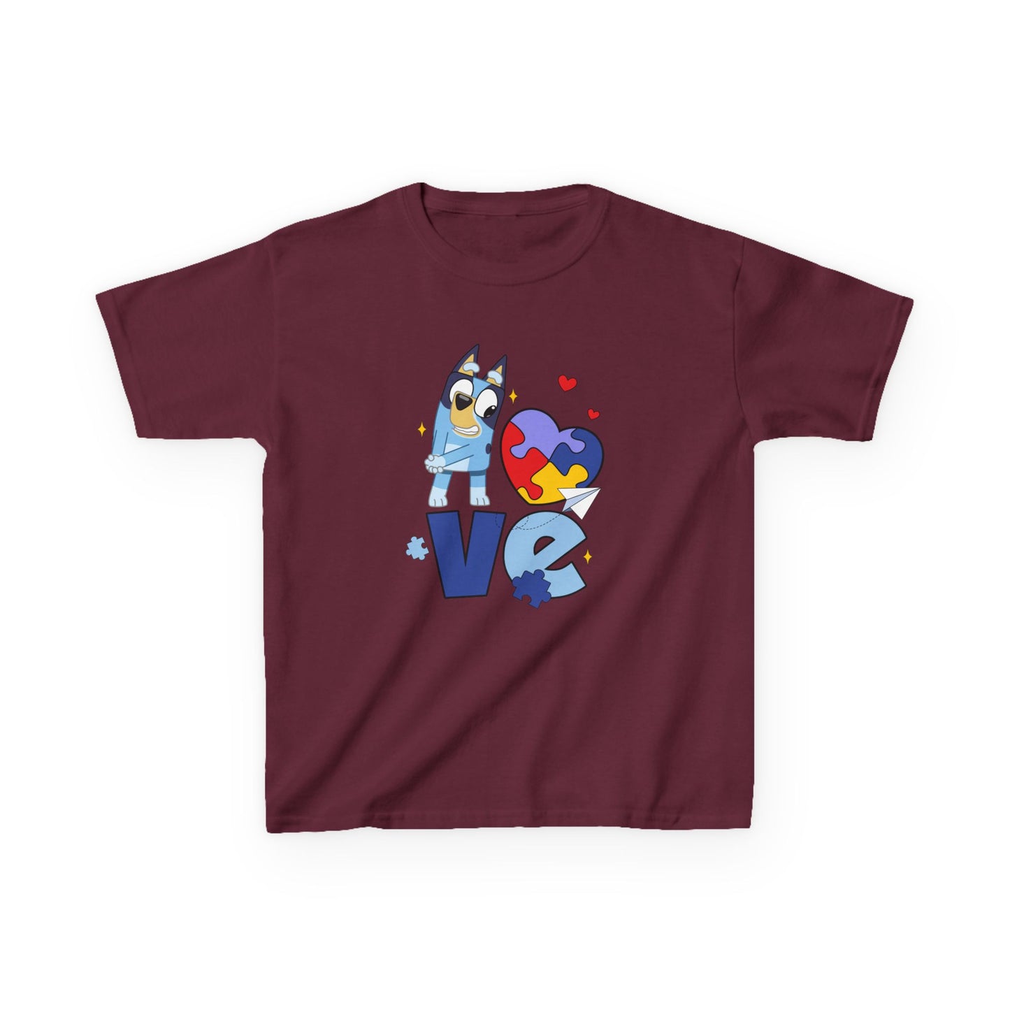 Kids Tee — 'LOVE' Puzzle Heart & Cartoon Character Autism Awareness Shirt