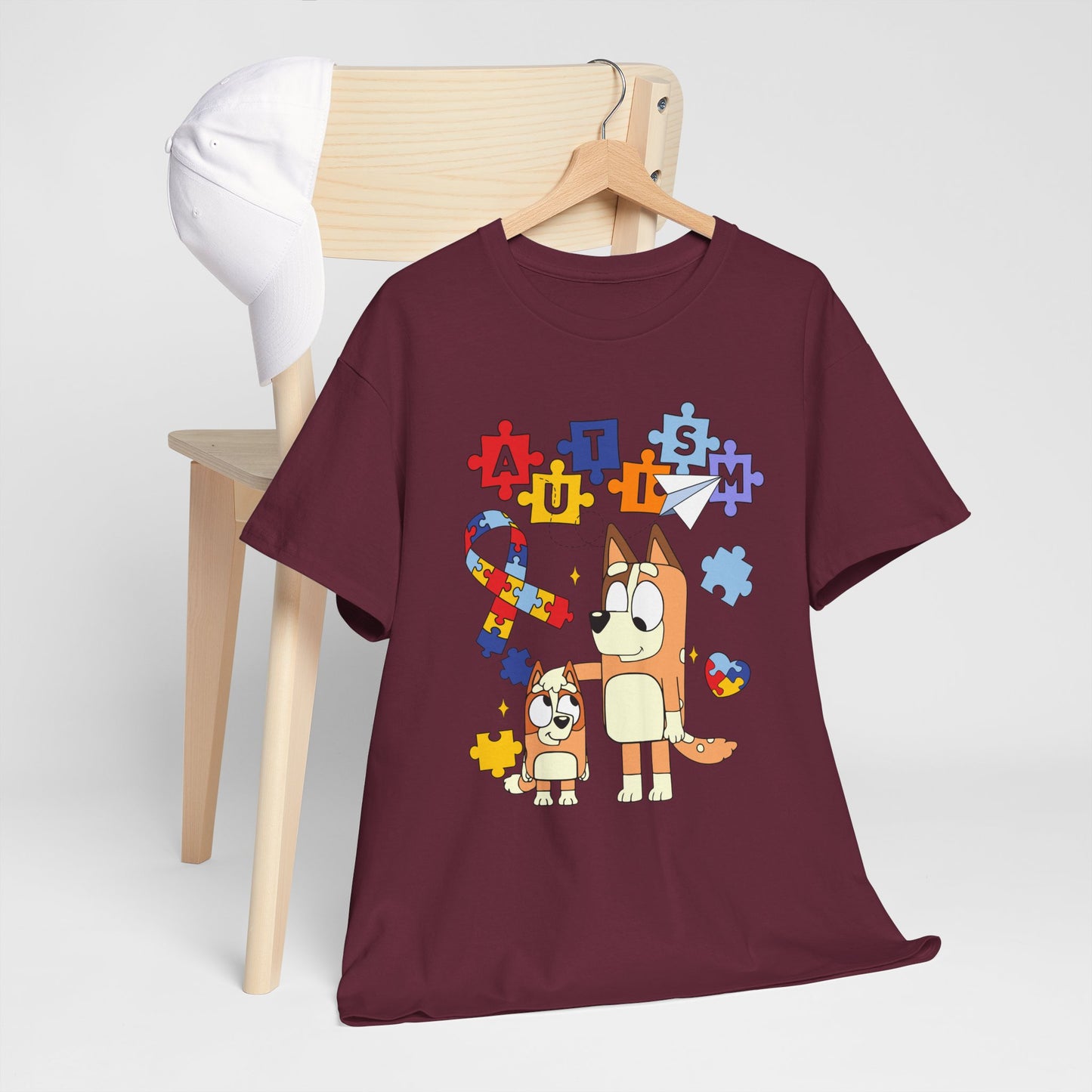 Autism Awareness Puzzle Ribbon Tee — Cute Red Dog Family Design