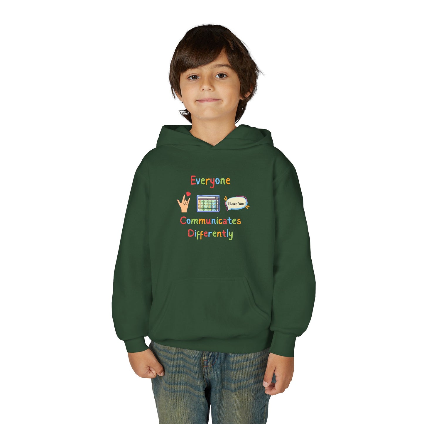 Youth Hoodie — "Everyone Communicates Differently" AAC Awareness Hoodie