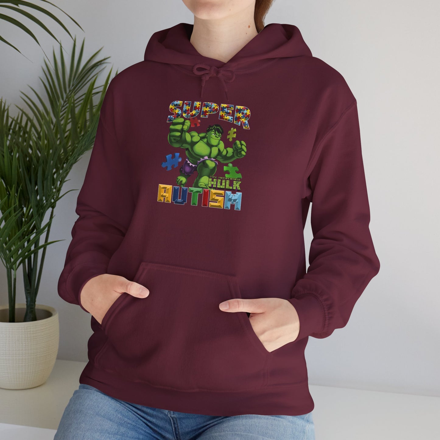 Autism Superhero Hoodie — "Super 4 Autism" Puzzle-Pattern Support Pullover