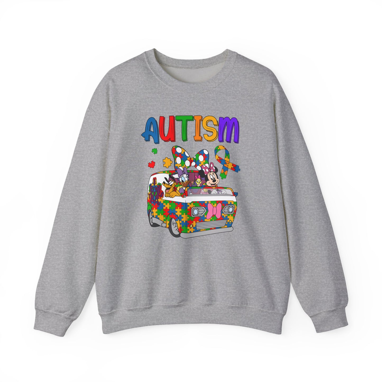 Autism Awareness Crewneck Sweatshirt — Colorful Puzzle Van Design