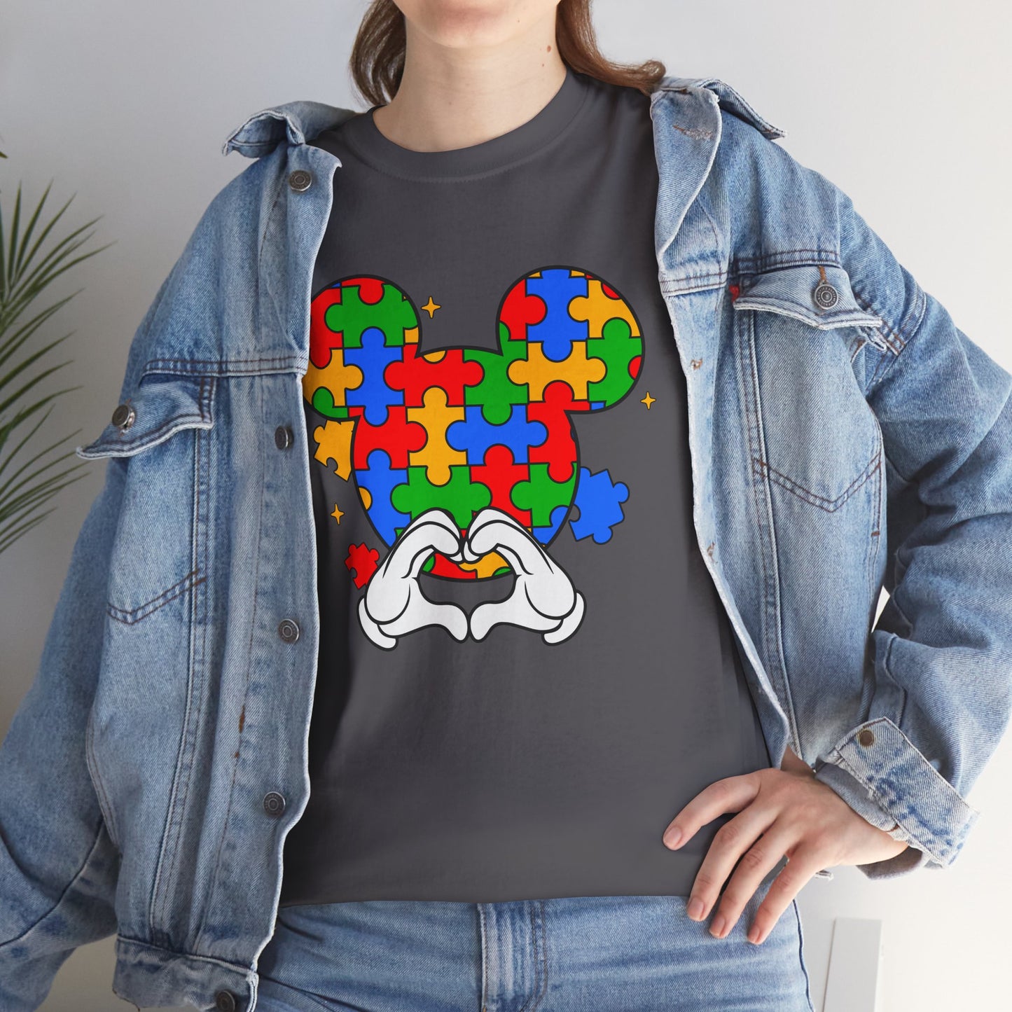 Autism Puzzle Mickey Ears T-Shirt — Colorful Puzzle Piece Heart Tee