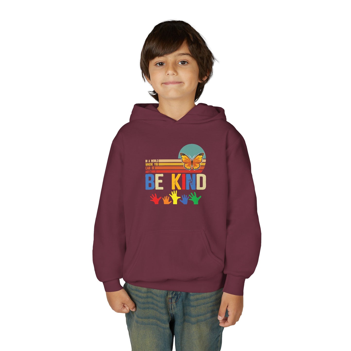 Be Kind Youth Hoodie - Colorful Butterfly & Handprint Design